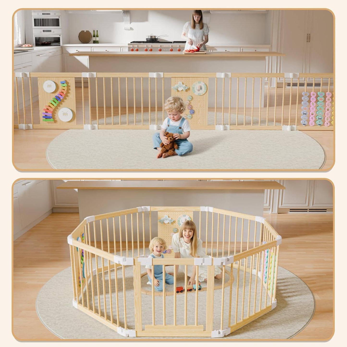 Baby Playpen - Adjustable Multi-Shape Wooden Play Yard, Portable Collapsible Activity Center with Baby Fence Play Area & Toys for Infants, Toddlers (57x57x24inch)