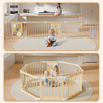 Baby Playpen - Adjustable Multi-Shape Wooden Play Yard, Portable Collapsible Activity Center with Baby Fence Play Area & Toys for Infants, Toddlers (57x57x24inch)