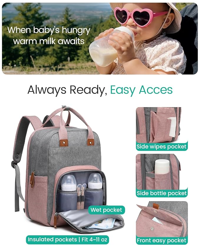 Qualyphant Extra Large Diaper Bag Backpack for Two Kids Twins - Expandable Baby Bag (26-36L), Dual Big Compartments - Includes Changing Pad & Stroller Straps, Unisex Pink Grey