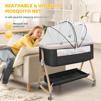 Bassinet Bedside Sleeper,Bedside Bassinet,Rocking Bassinet,3 in 1 Portable Bedside Crib with Mattress,Mobile,Mosquito Net,Storage Basket,6-Height Adjustable Baby Bassinet with Wheels for Newborn,Beige