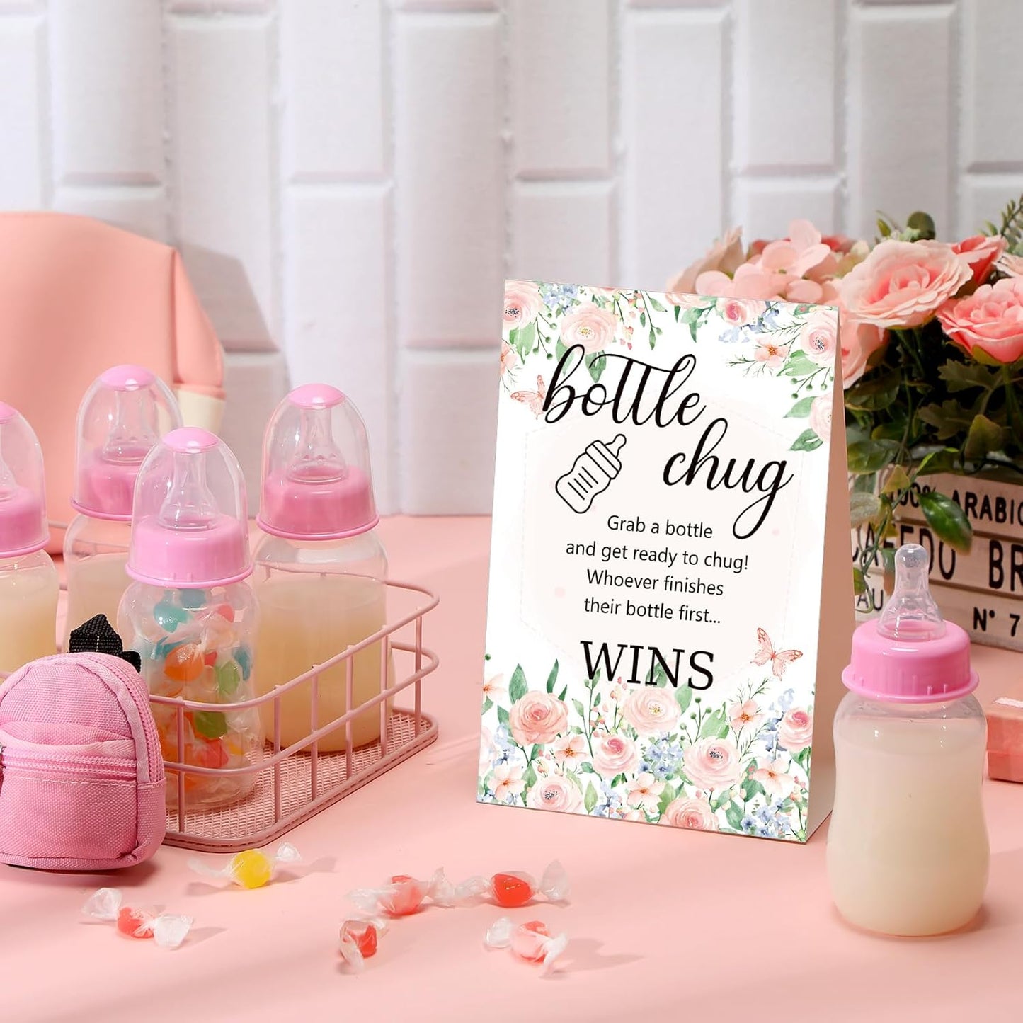 TrelaCo Bottle Chug Baby Shower Game 20 Pcs Baby Bottles Shower Favor with 1 Greenery Theme Sign for Gender Reveal Party Supplies Gifts(Green)