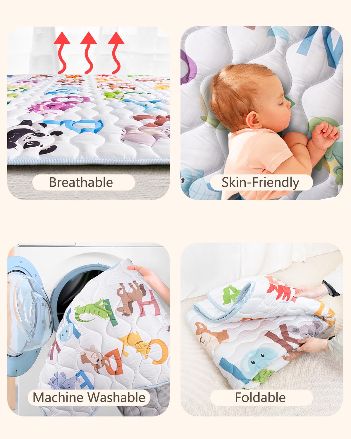 Baby Play Mat, 50x50 Playpen Mat with Super Soft Touch, Activity Mats with Upgraded Anti-Slip Bottom, Machine Washable Crawling Mats for Floor & Picnic (Animal Alphabets)