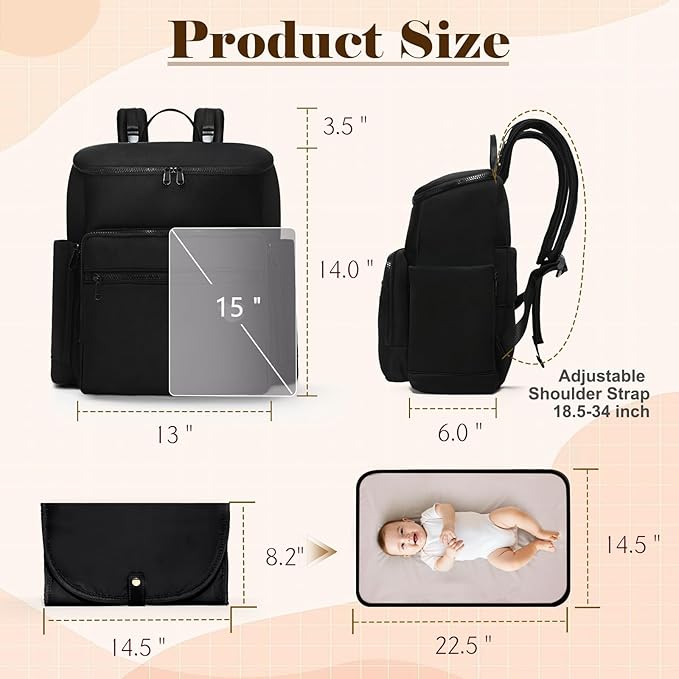 Diaper Bag Backpack, Neoprene Bag Backpack, Large Diaper Backpack with 16 Diaper Bag Organizers, 4 Insulated Pockets, Lighweight Travel Baby Bag with Changing Pad for Mom & Dad, Black