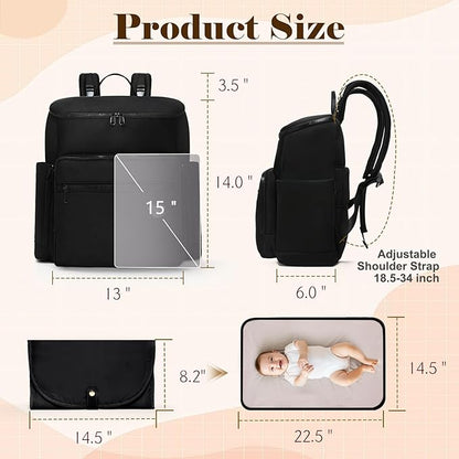 Diaper Bag Backpack, Neoprene Bag Backpack, Large Diaper Backpack with 16 Diaper Bag Organizers, 4 Insulated Pockets, Lighweight Travel Baby Bag with Changing Pad for Mom & Dad, Black
