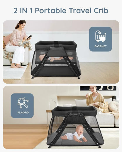 Lilian&Gema 2-in-1 Travel Crib, Portable & Foldable Crib with Backpack, Lightweight Baby Travel Playpen with Thick Mattress for Babies & Toddlers, Baby Travel Essential