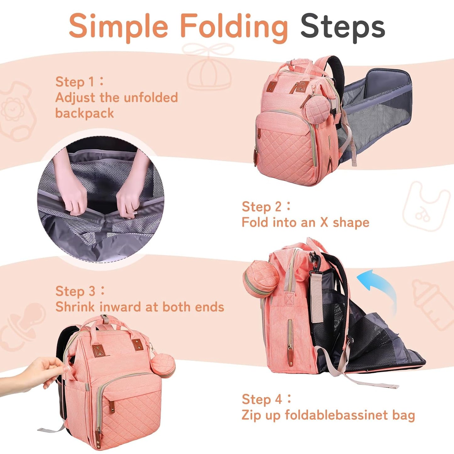 GurZinn Diaper Bag Backpack with Changing Station, Foldable for Bady Toddler, 3 in 1 Large Capacity Newborn Essentials Organizer with Stroller Hook for Girls and Boys（Pink）