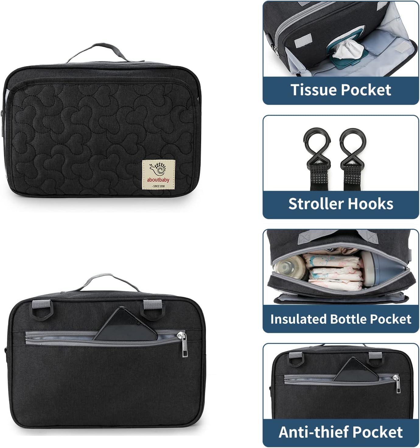 TRENDPLAY Small Diaper Bag, Mini Stroller Organizer Caddy with Wipe Pockets Caddy Parent Console with Stroller Straps Fit All Strollers, Black