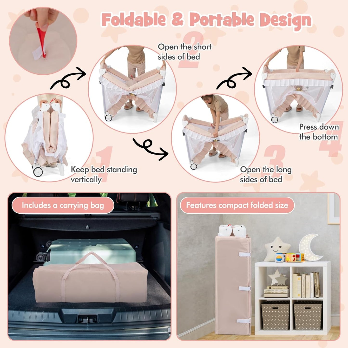 BABY JOY 4 in 1 Pack and Play with Canopy, Portable Baby Playard with Bassinet, Double-Layer Baby Crib, Wheels & Brake, Foldable Baby Girl Pink Princess Bassinet from Newborn to Toddler