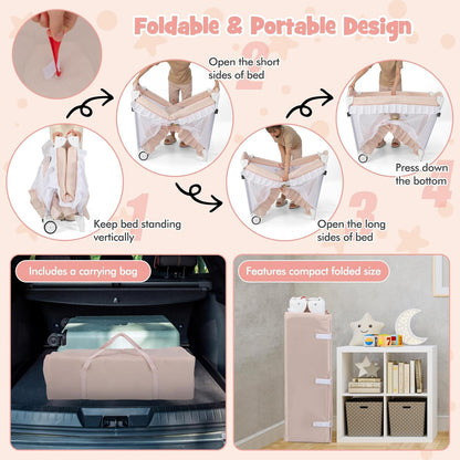 BABY JOY 4 in 1 Pack and Play with Canopy, Portable Baby Playard with Bassinet, Double-Layer Baby Crib, Wheels & Brake, Foldable Baby Girl Pink Princess Bassinet from Newborn to Toddler