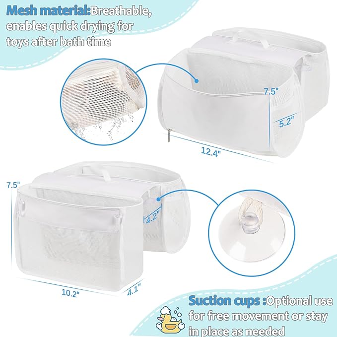 Saddle Shape Bath Toy Organizer, 2 Compartments Wide Opening Mesh Bath Tub Toy Storage for Easy Access to Toys, Side Pockets & Bottom Zipper Design, Quick Drying Toy Holder for Tub (White)