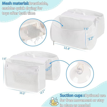Saddle Shape Bath Toy Organizer, 2 Compartments Wide Opening Mesh Bath Tub Toy Storage for Easy Access to Toys, Side Pockets & Bottom Zipper Design, Quick Drying Toy Holder for Tub (White)