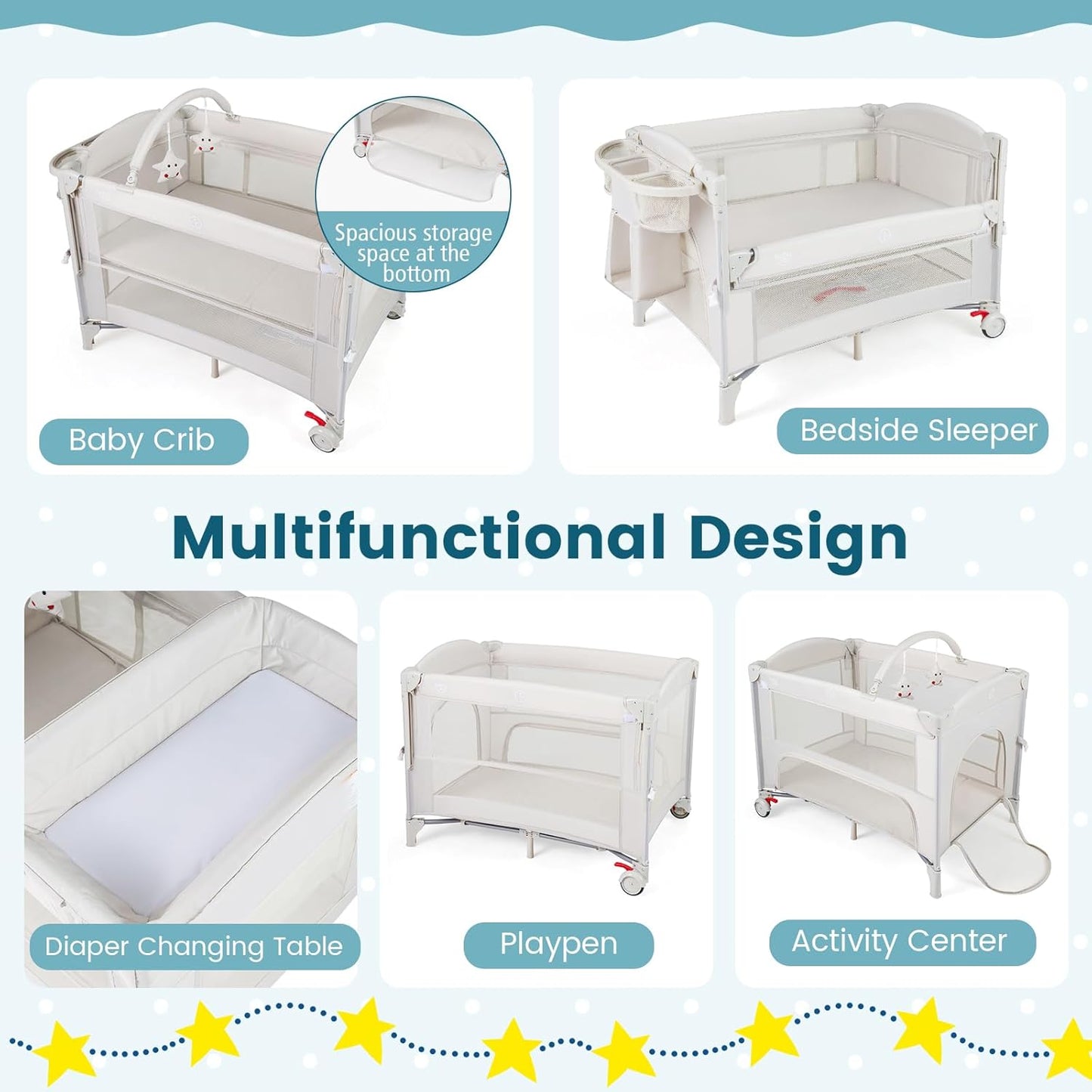 BABY JOY 5-in-1 Pack and Play with Canopy, 4 Level Heights Baby Bedside Sleeper w/Bassinet, U-Shaped Changing Table, Safety Strap, Side Zipper, Portable Bedside Crib Playard from Newborn to Toddlers