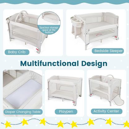 BABY JOY 5-in-1 Pack and Play with Canopy, 4 Level Heights Baby Bedside Sleeper w/Bassinet, U-Shaped Changing Table, Safety Strap, Side Zipper, Portable Bedside Crib Playard from Newborn to Toddlers