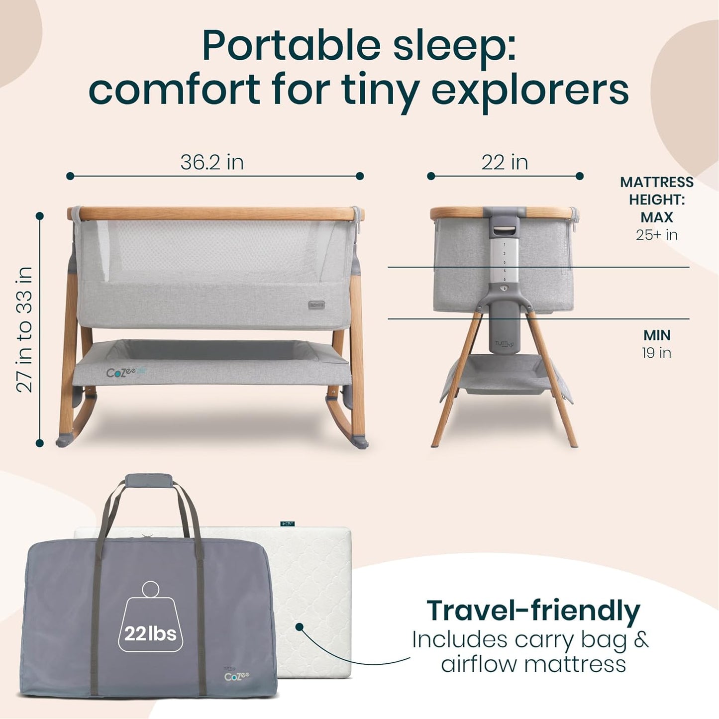 Tutti Bambini CoZee® 2-in-1 Baby Bassinet & Bedside Sleeper - Fast-Folding Bedside Bassinet, Baby Crib with 6 Mattress Heights & Breathable Mesh Window, Mattress Included, 0-6 Months (Oak & Charcoal)