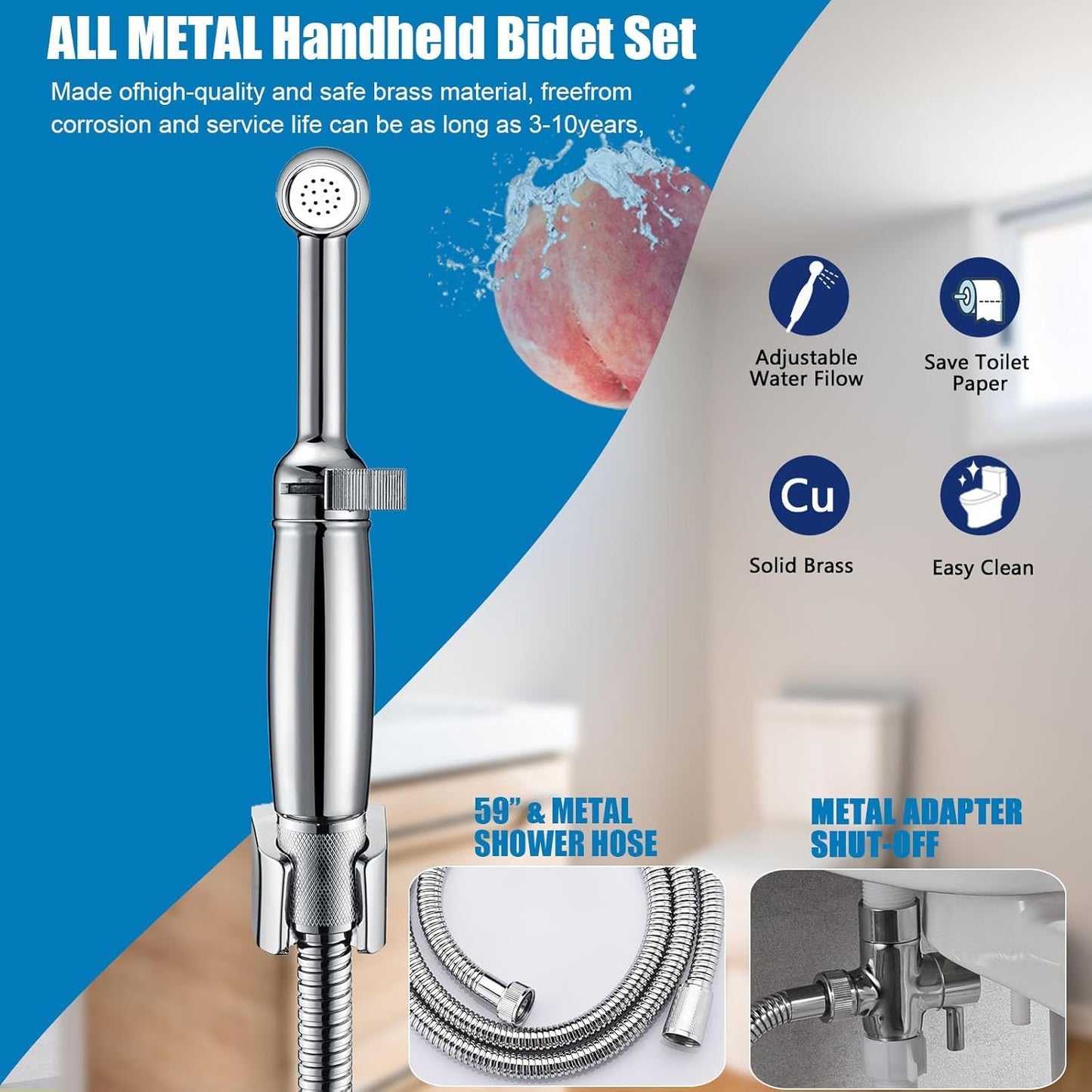 SonTiy Handheld Bidet Sprayer for Toilet, Cloth Diaper Sprayer Set Hand Held Bidet Jet Spray for Toilet with Backflow Preventer, Adjustable Water Pressure Control, Brass, Black Stainless