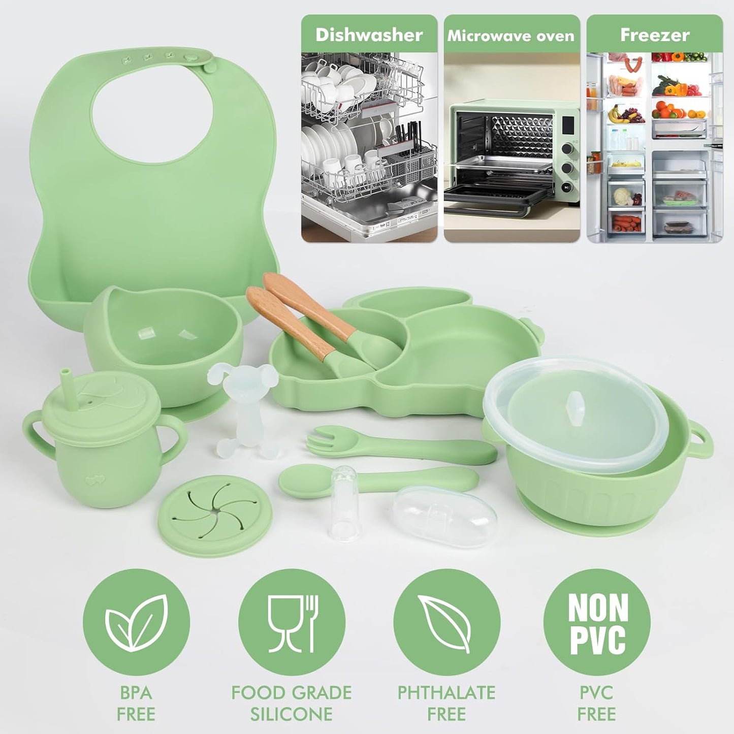 Silicone Baby Feeding Set 15 Pcs，Baby Spoons Suction Bowl Divided Plate Bib Cup Finger Brush Training cups,Baby Led Weaning Supplies,Baby Plates，Toddler Feeding Plates and Bowls Set（purple）