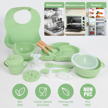 Silicone Baby Feeding Set 15 Pcs，Baby Spoons Suction Bowl Divided Plate Bib Cup Finger Brush Training cups,Baby Led Weaning Supplies,Baby Plates，Toddler Feeding Plates and Bowls Set（purple）