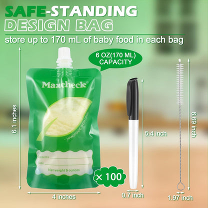 Maxcheck 103 Pcs Refillable Baby Food Pouches Maker Set Include 100 Pcs Portable Fruit Puree Pouch Storage Bags, Baby Food Maker, Pen and Brush for Babies Kids Toddlers