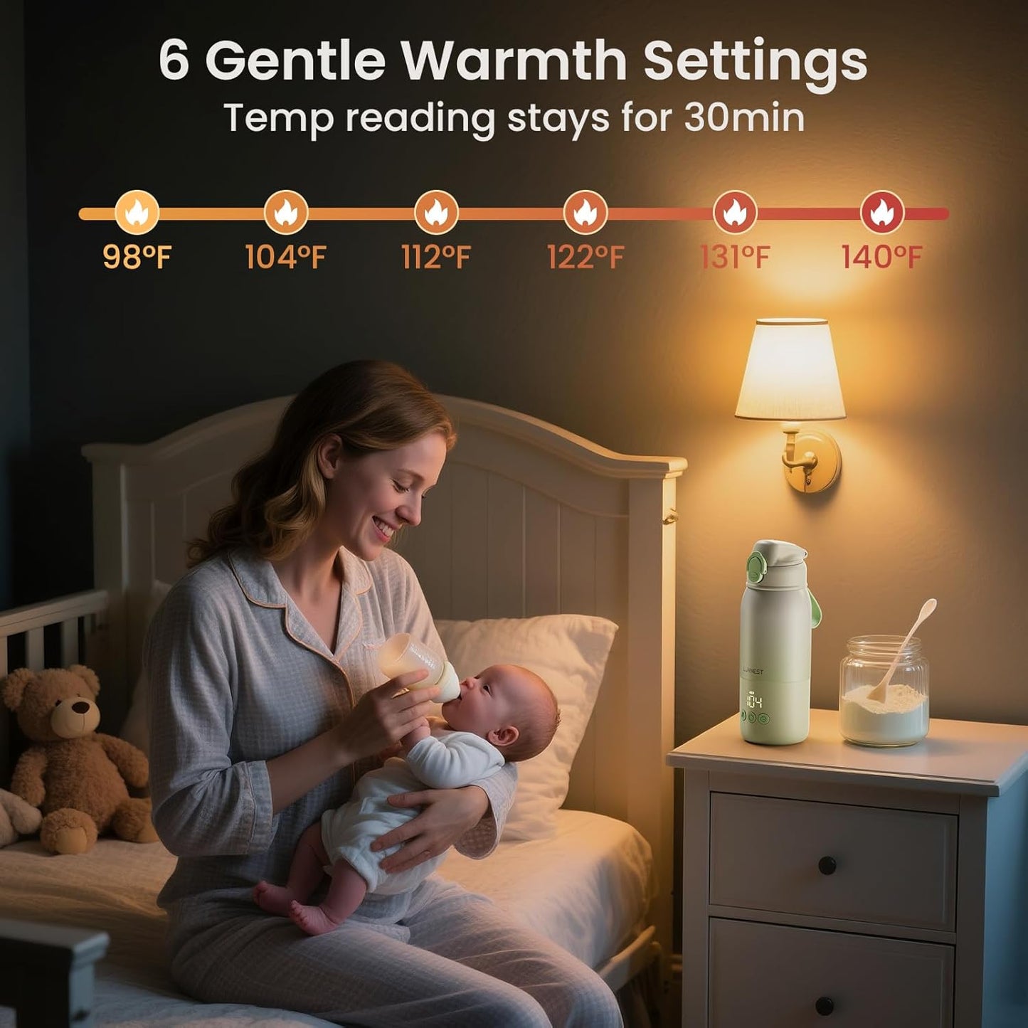 Portable Bottle Warmer for Travel, 3-Min Fast Heating Baby Bottle Warmer for Breastmilk & Formula, 12oz Rechargeable Milk Warmer with 6 Temp Settings, USB-C for Car, Airplane & Outdoor