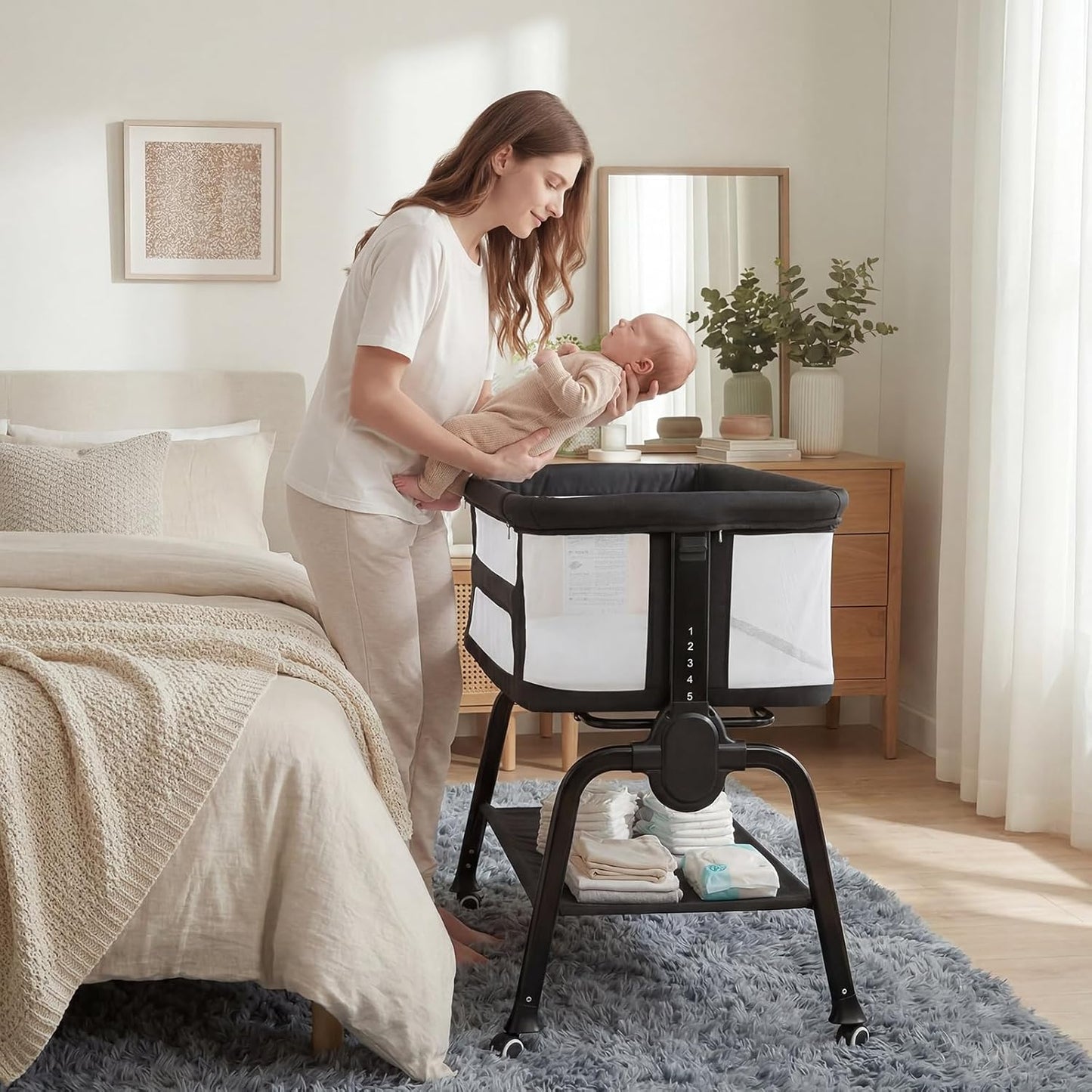 Cowiewie Bassinet Bedside Sleeper, Breathable Baby Bedside Bassinet and Mattress, Lightweight and Portable for Bedside Sleeping, Light Grey