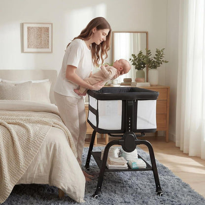 Cowiewie Bassinet Bedside Sleeper, Breathable Baby Bedside Bassinet and Mattress, Lightweight and Portable for Bedside Sleeping, Light Grey