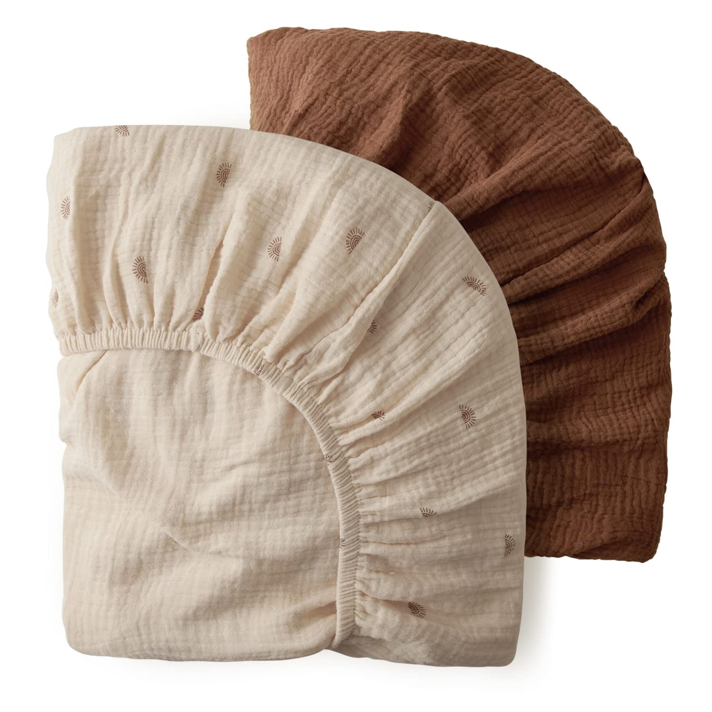 Blissful Diary Muslin Bassinet Sheets for Baby Girls Boys, Boho Soft Cotton Fitted for Oval Hourglass Rectangle Mattress, 2 Pack(Sunshine&Brown)
