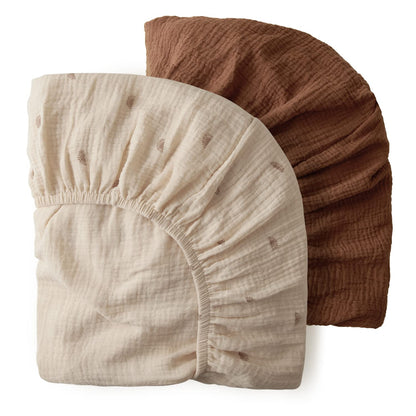 Blissful Diary Muslin Bassinet Sheets for Baby Girls Boys, Boho Soft Cotton Fitted for Oval Hourglass Rectangle Mattress, 2 Pack(Sunshine&Brown)