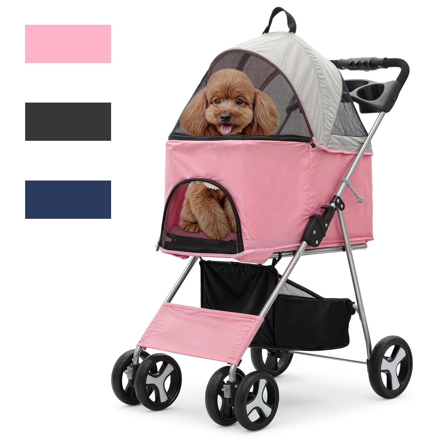 Magshion Compact Pet Stroller for Small-Medium Dogs/Cats up to 22lbs, 4-Wheel Lightweight Umbrella Shaped Portable Puppy Travel Jogger with Breathable Mesh, Cup Holder & Rear Storage, Black