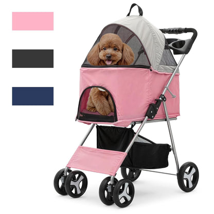 Magshion Compact Pet Stroller for Small-Medium Dogs/Cats up to 22lbs, 4-Wheel Lightweight Umbrella Shaped Portable Puppy Travel Jogger with Breathable Mesh, Cup Holder & Rear Storage, Black