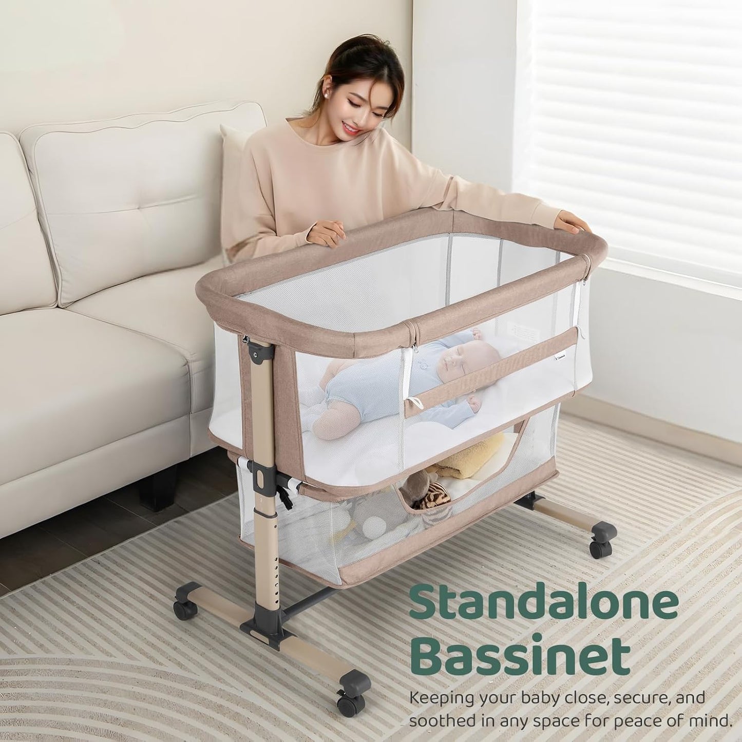 Cowiewie Bassinet Bedside Sleeper, Portable, Breathable, Adjustable Baby Bedside Bassinet for Peaceful Nights, Light Grey