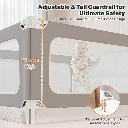 MagicFox 3 Piece Full Size Bed Rail for Toddlers, Upgraded Height Adjustable Baby Bed Rail Guard, Thickened Child Safety Bed Rails for Full Size Beds (74.8"x74.8"x54" Gray)