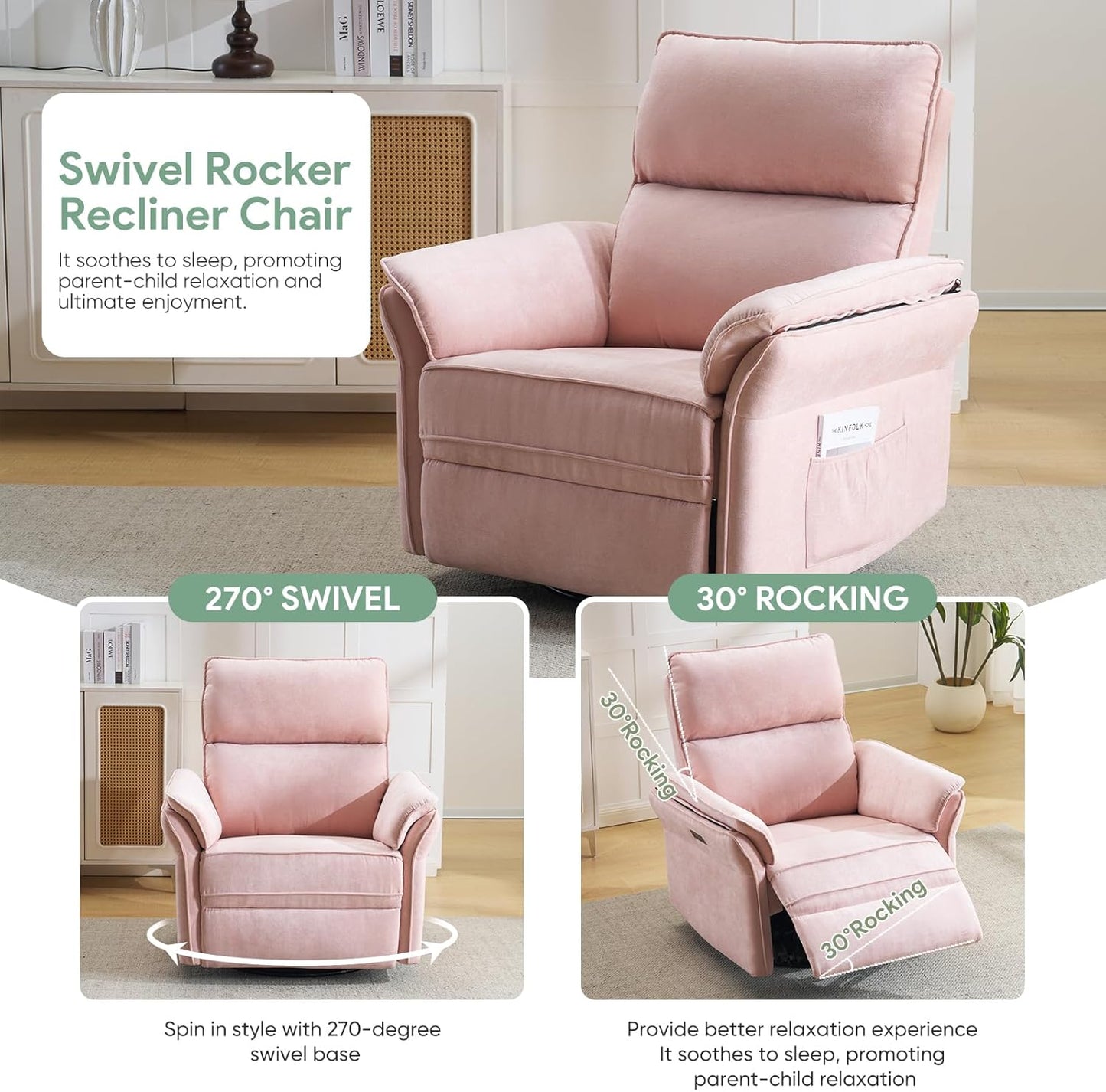 Oversized Swivel Rocker Recliner with Adjustable Headrest, Rocking Chair Nursery with Overstuffed Armrest, Manual Rocker Recliner Nursery Chair for Living Room, White