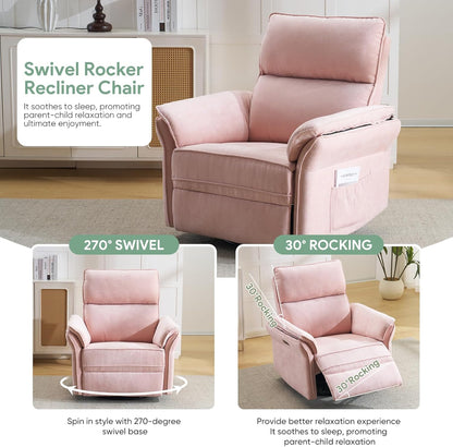 Oversized Swivel Rocker Recliner with Adjustable Headrest, Rocking Chair Nursery with Overstuffed Armrest, Manual Rocker Recliner Nursery Chair for Living Room, White