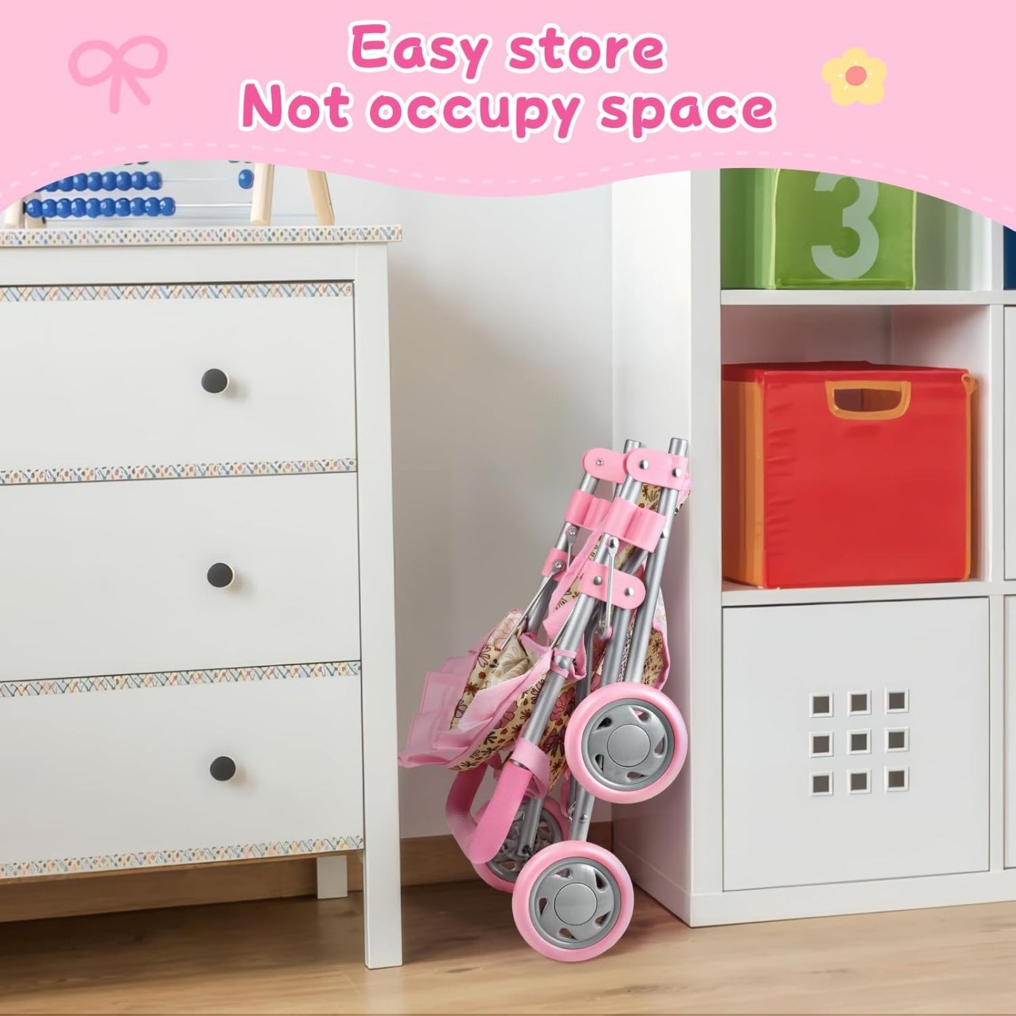 GAGAKU Baby Doll Stroller for Toddlers, Foldable Toy Stroller with Storage Basket and Bag, Diapers - Reborn Doll Accessories for Girls & Kids Ages 3+, Pink