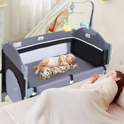 SIMPLGIRL 5-in-1 Baby Bassinet Bedside Crib, Pack and Play Long Next to Parents Bed Crib, Foldable Playard, Playpen Travel Bed Nursery Center for Girl Boy Infant Newborn