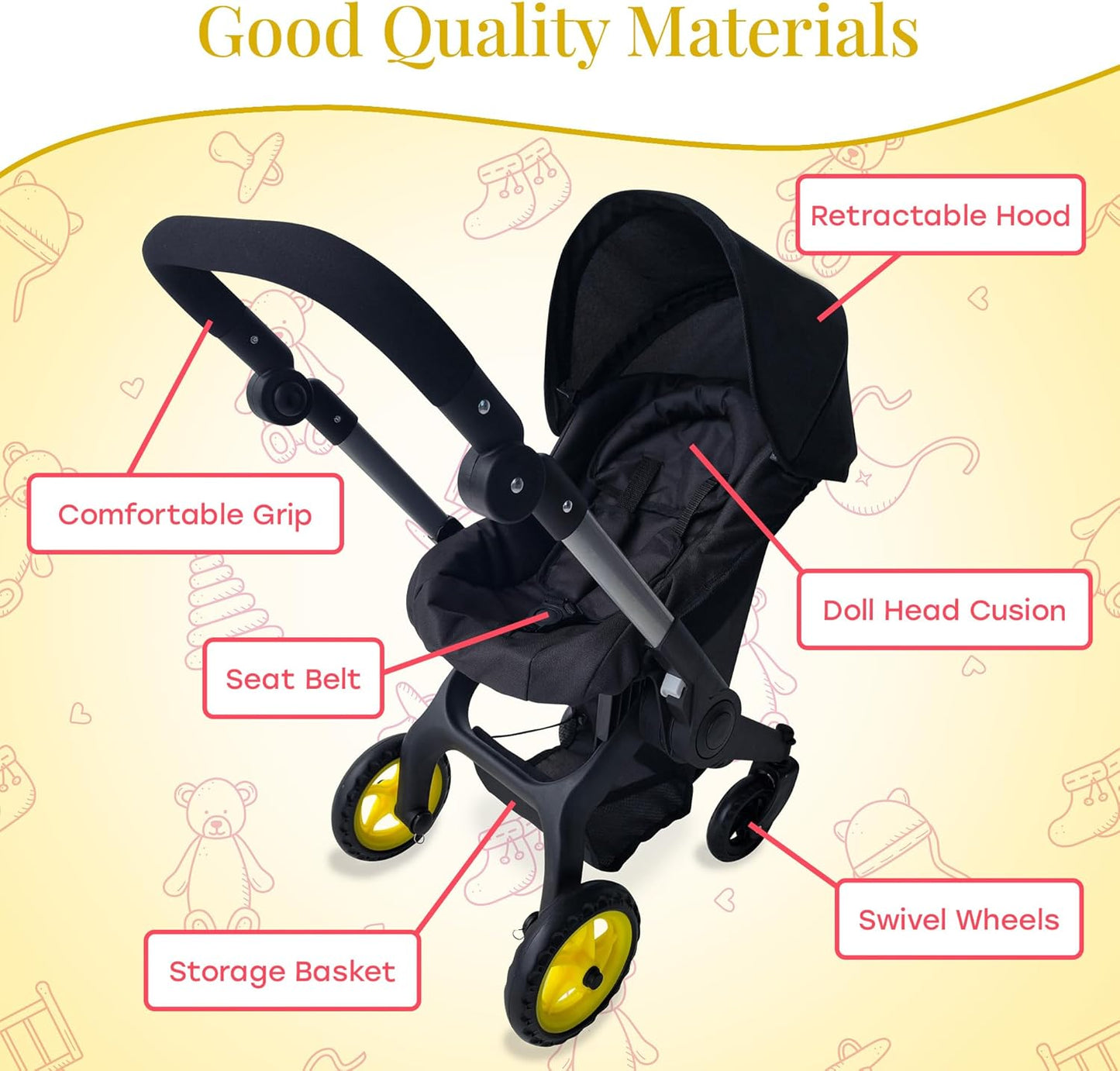 Baby Doll Car Seat Stroller Combo – Convertible 2 in 1 Doll Stroller and Car Seat for Kids – Fits Up to 20” Dolls – Play Toy Baby Stroller with Adjustable Handle for Girls Toddlers All Ages (Black)