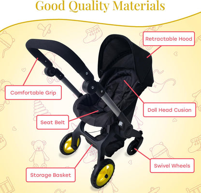 Baby Doll Car Seat Stroller Combo – Convertible 2 in 1 Doll Stroller and Car Seat for Kids – Fits Up to 20” Dolls – Play Toy Baby Stroller with Adjustable Handle for Girls Toddlers All Ages (Black)