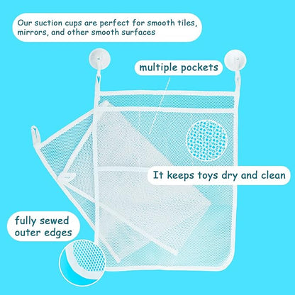 2 PCS Mesh Bathtub Toy Holder Bag, 18 x 14 Inch Bath Toy Organizer, 4 Ultra Strong Hooks, White