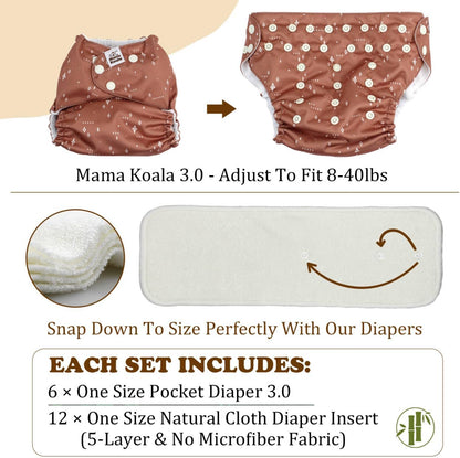 Mama Koala 3.0 Pocket Cloth Diapers for Babies with AWJ Lining, 6 Pack with 6 4-Layer Natural Cloth Diaper Inserts - Reusable and Washable Pocket Diapers(Hardworking Bees) - Colors A