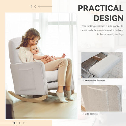 FOXHUNTER Rocking Chair Nursery with Adjustable Footrest and High Backrest, Upholstered Glider Chairs with Side Pockets for Nursery, Rocker Armchair Indoor for Living Room,Beige