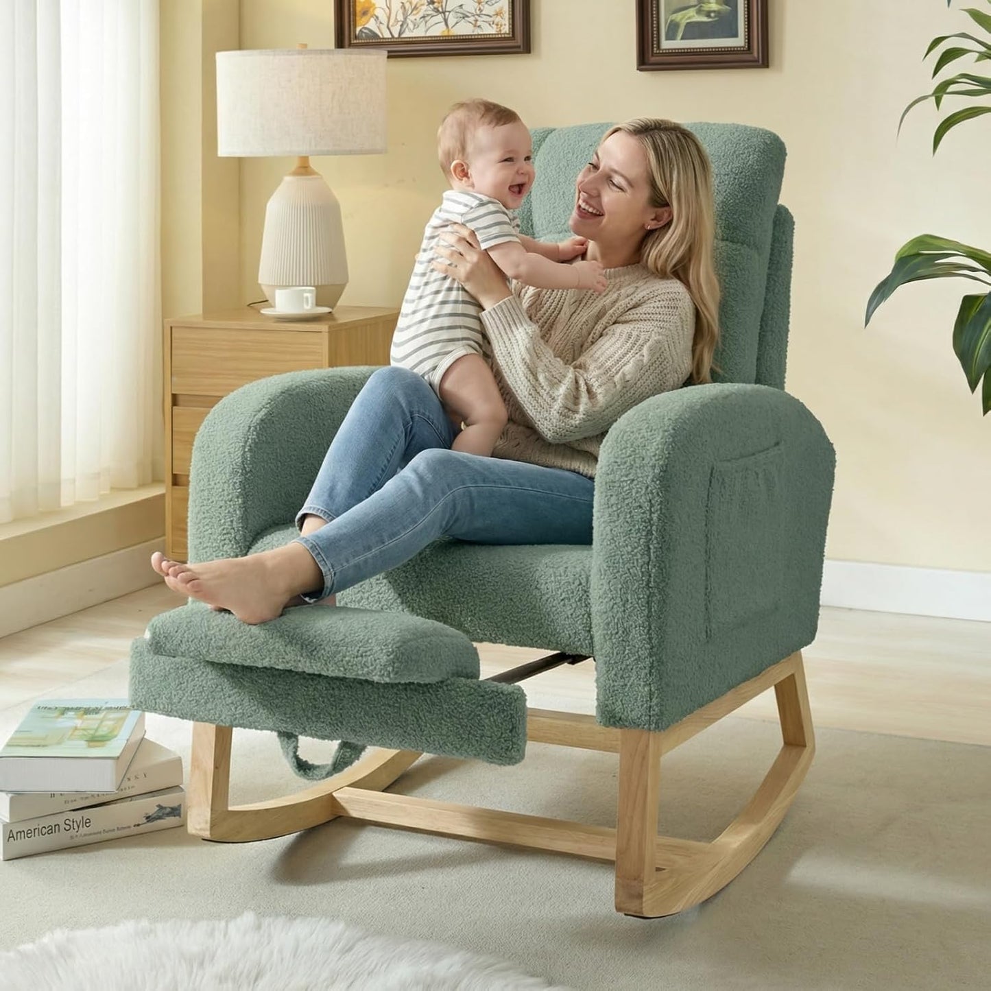 NIOIIKIT Modern Nursery Rocking Chair, Teddy Upholstered Rocking Chair with Footrest, Comfortable Rocker Recliner with Side Pocket, Rocker Glider for Living Room, Bedroom, Nursing Room (Apricot)