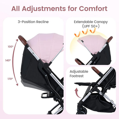 INFANS Travel Stroller, Lightweight Compact Baby Stroller for Airplane with One-Hand Fold, Multi-Position Recline, Canopy, 4 Wheel Suspension, Storage Basket (Grey+Black)
