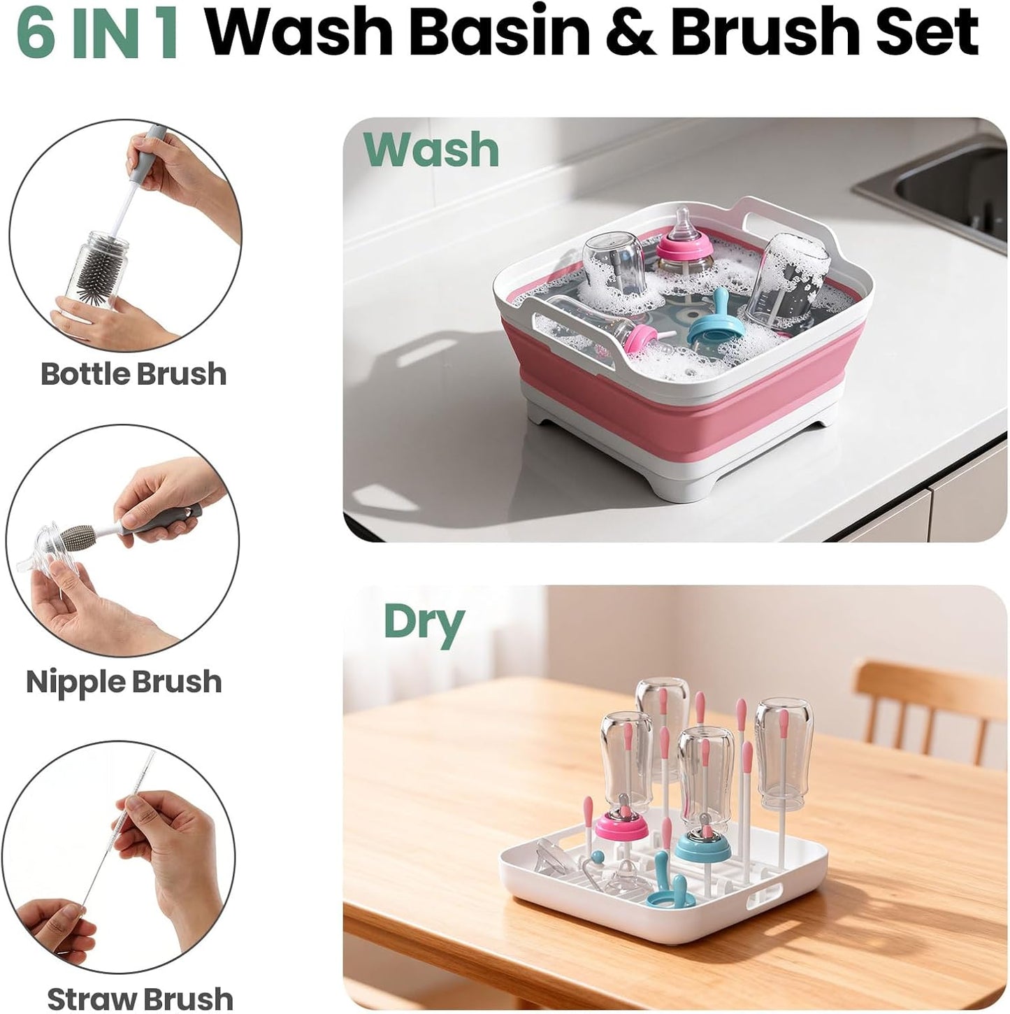 Volnamal Collapsible Wash Basin for Baby Bottles - Portable 2.4 Gallon Dish Tub with Drying Rack & Lid, Foldable Sink for Camping, Outdoor Space-Saving Tub for Kitchen, RV, Camping, Outdoor Use