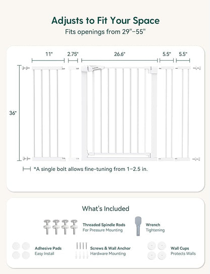 Babelio 36" Tall Baby Gate, PressGuard P7, 29-55" Auto Close Pressure Mounted Dog Gate for Doorways & Hallway, Basics Easy Walk Thru Pet Gate, Extra Wide Metal Child Gate, White