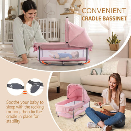 JOYMOR 7 in 1 Bedside Bassinet with Changing Table, All in One Nursery Center, Bedside Sleeper with Mattress, Sheet, Canopy, Storage Shelf,Gray