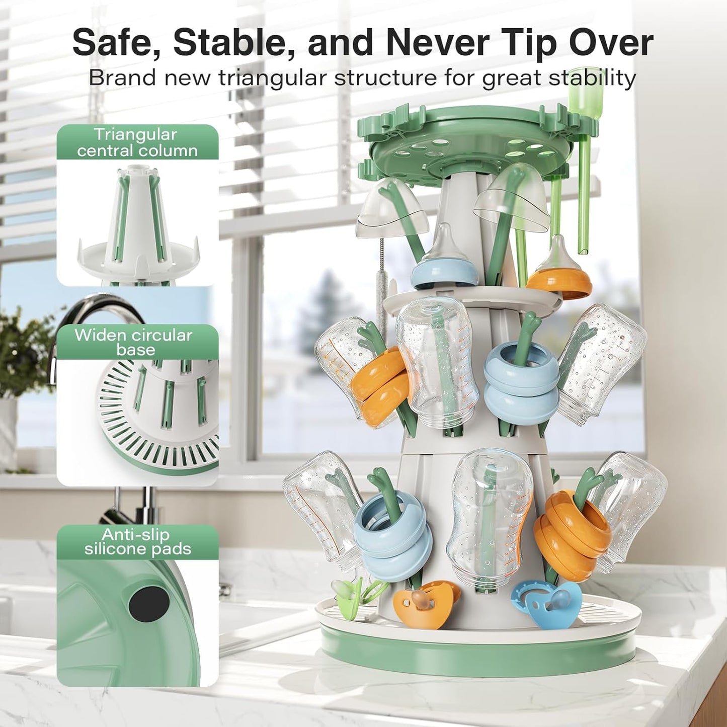 TAZENI Large Baby Bottle Drying Rack with 20 Hooks, Tree-Shaped Space Saving Countertop Bottle Dryer, 360° Air Flow, Non-Slip Stable Base - Baby Bottle Organizer, Newborn Essentials Must Haves