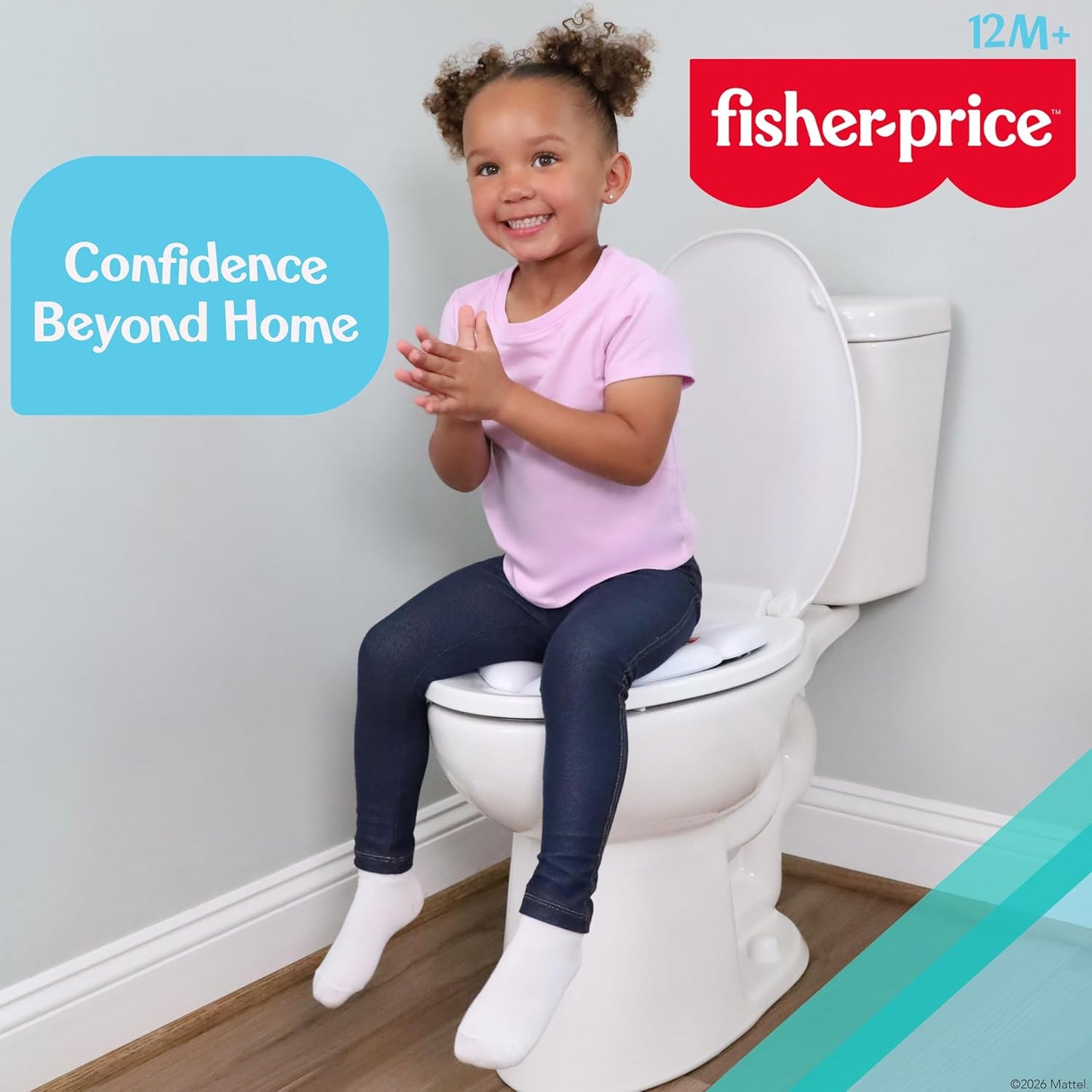 Fisher-Price™ 2-N-1 Potty Trainer with Flushing Sounds, Chart & Storage – White Floor Potty Chair with Splash Guard, Removable Ring & Bowl, Patented Snap Safe Ring Technology