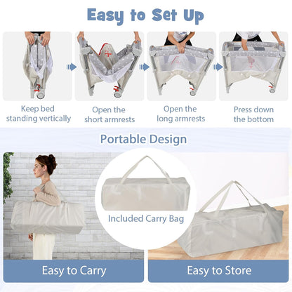 BABY JOY 5-in-1 Pack and Play, Portable Baby Bedside Sleeper with Bassinet, U-Shaped Diaper Changer, Safety Strap, Side Zipper Entrance, Hangings, Bedside Crib Playard from Newborn to Toddlers (Gray)