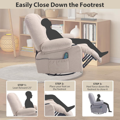 Rocker Recliner Chair with Massage and Heat, Oversized Rocking Nursery Recliners Overstuffed Swivel Glider with Cup Holder, Fabric Manual Single Sofa for Living Room, Beige