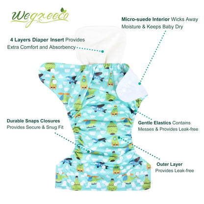 wegreeco Cloth Diapers 6 Pack with 6 Inserts & 1 Wet Bag, Washable Cloth Diapers for Babies, One Size Adjustable Reusable (Flower)